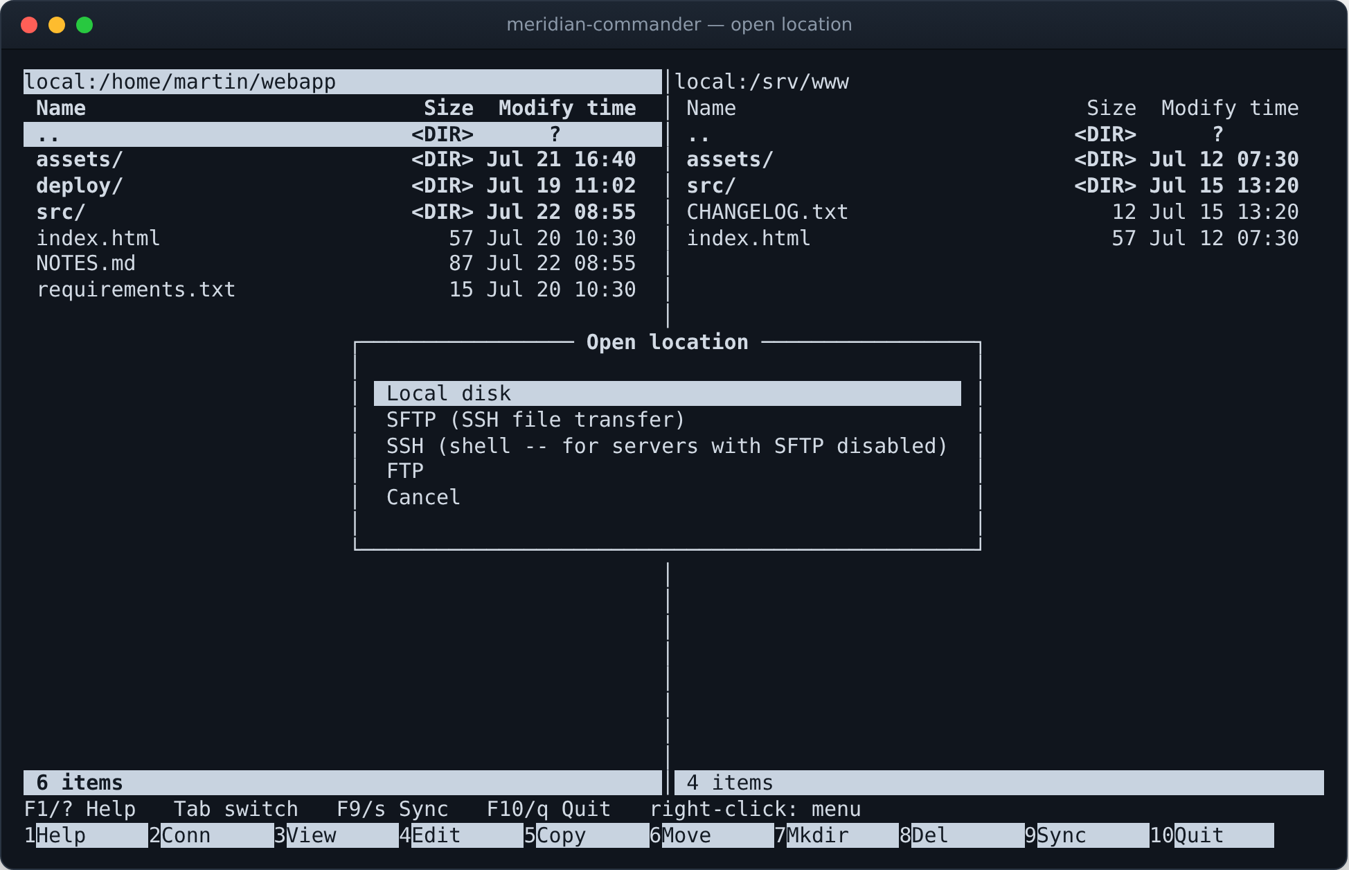 The Open location menu offering Local disk, SFTP, SSH shell and FTP