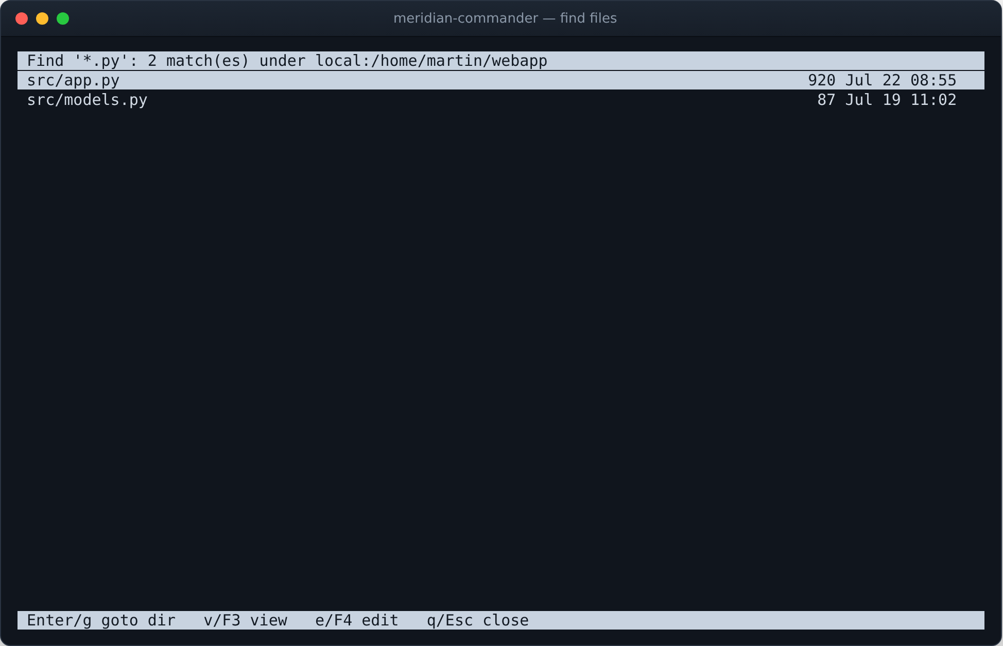 Find files results listing matches with sizes and dates, with keys to view, edit or jump to each hit