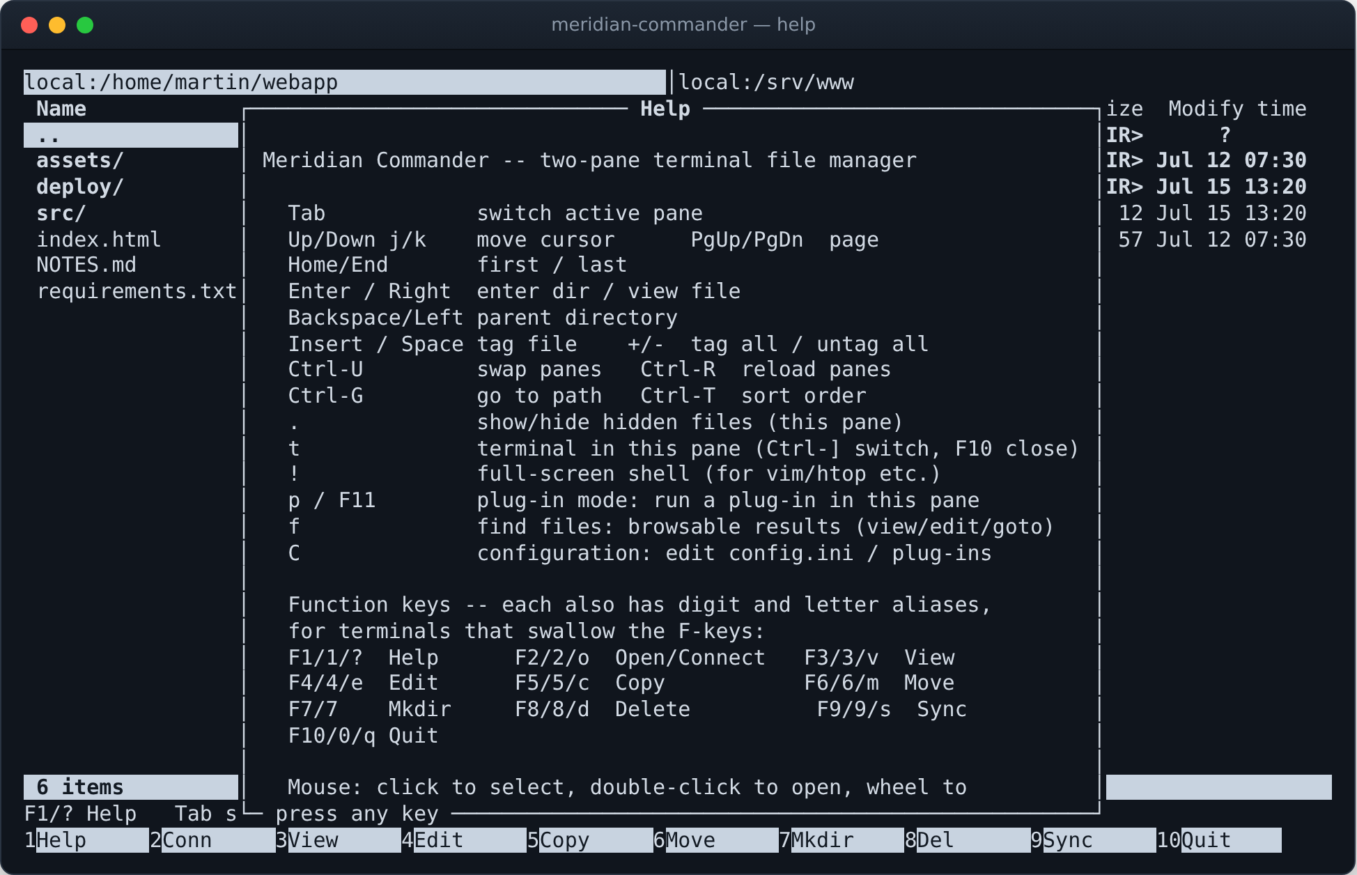 The help screen listing key bindings
